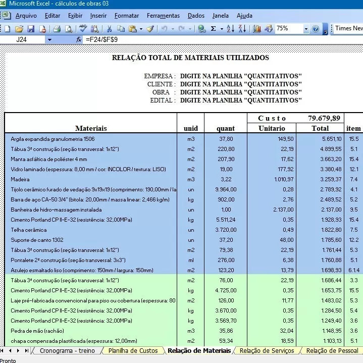Planilha Para Cálculo De Materiais De Construção